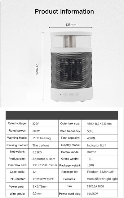 White and black 3-in-1 space heater with humidifier and night light, featuring a mesh grille and control buttons. - Image 25