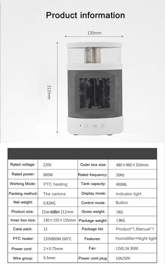 White and black 3-in-1 space heater with humidifier and night light, featuring a mesh grille and control buttons. - Image 25