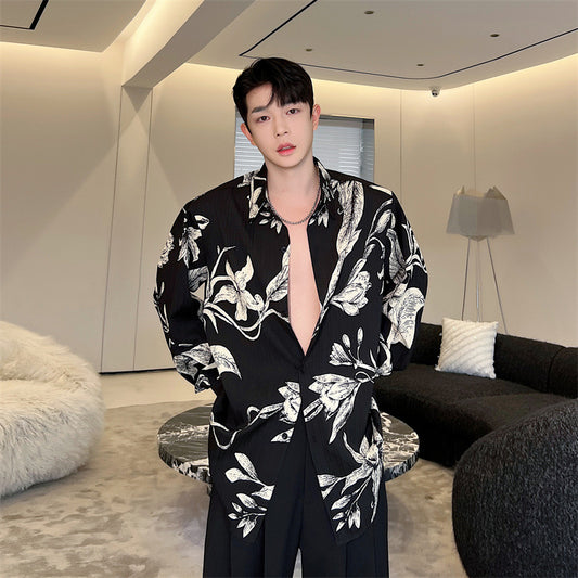 Camisa Negra Hombre Manga Larga Suelta Estampado Floral