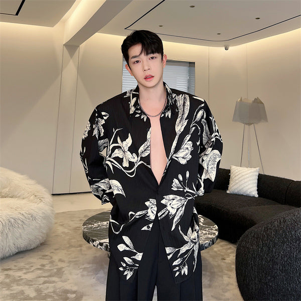 Camisa Negra Hombre Manga Larga Suelta Estampado Floral