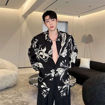 Camisa Negra Hombre Manga Larga Suelta Estampado Floral