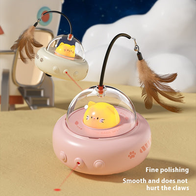 Pink electric UFO cat teaser toy with a clear dome, a cute pink cat head, and a feather wand with a bell. - Image 3