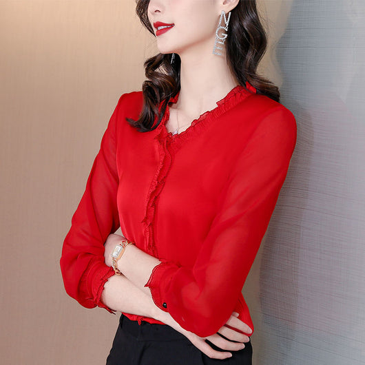 Blusa Elegante de Chifón Liso con Manga Larga para Mujer - Image 5