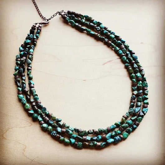 **Triple Strand Natural Turquoise & Wood Collar Necklace 250m