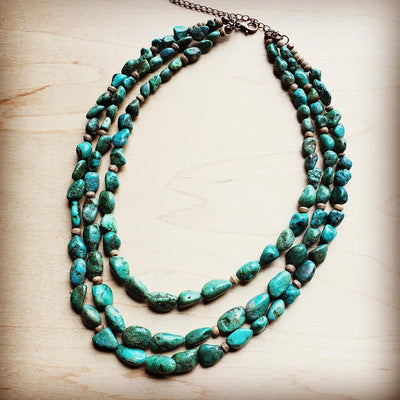 **Triple Strand Natural Turquoise & Wood Collar Necklace 250m