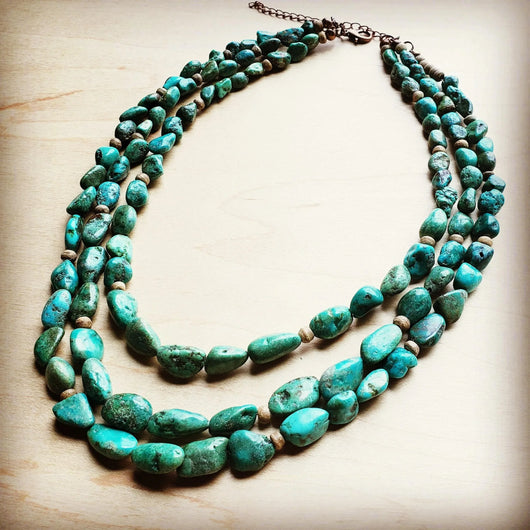 **Triple Strand Natural Turquoise & Wood Collar Necklace 250m
