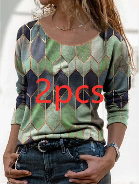 Playera Casual de Manga Larga con Estampado Geométrico Retro - Image 5