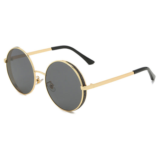 Round gold metal frame sunglasses with brown lenses and glitter detail on the outer rim, featuring dark red temple tips. - Image 7