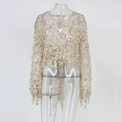 Blusa de Fiesta con Lentejuelas y Flecos - Escote V Manga Larga Sexy - Image 5
