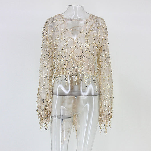 Blusa de Fiesta con Lentejuelas y Flecos - Escote V Manga Larga Sexy - Image 5