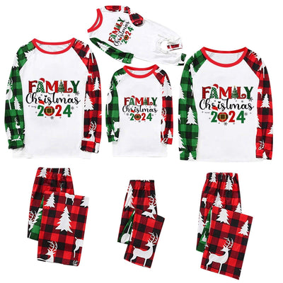 Matching family Christmas pajamas with red and green plaid, deer, and Christmas tree patterns, featuring "FAMILY Christmas 2024" text. - Image 10