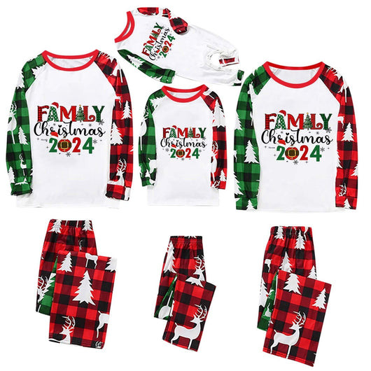 Matching family Christmas pajamas with red and green plaid, deer, and Christmas tree patterns, featuring "FAMILY Christmas 2024" text. - Image 10