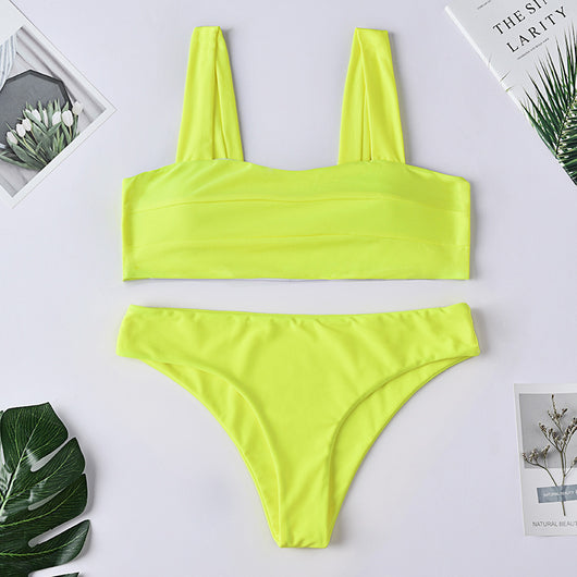 Dark green two-piece swimsuit with a bandeau top featuring horizontal ruching and high-cut bikini bottoms. - Image 4