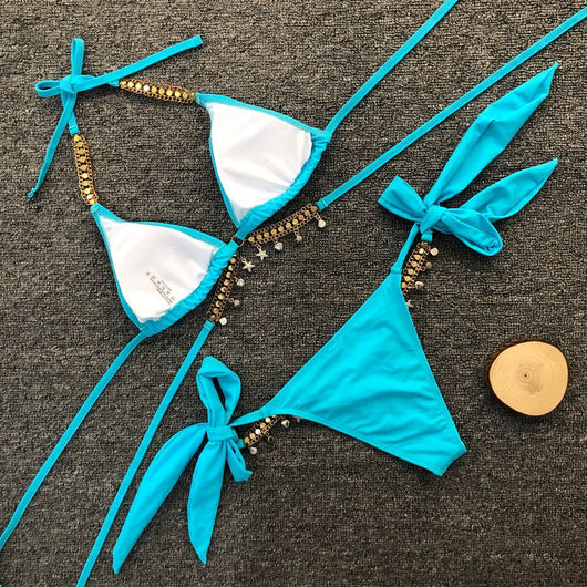 Turquoise triangle bikini with gold-toned rhinestone chain halter straps and matching charm-embellished waistline. - Image 3