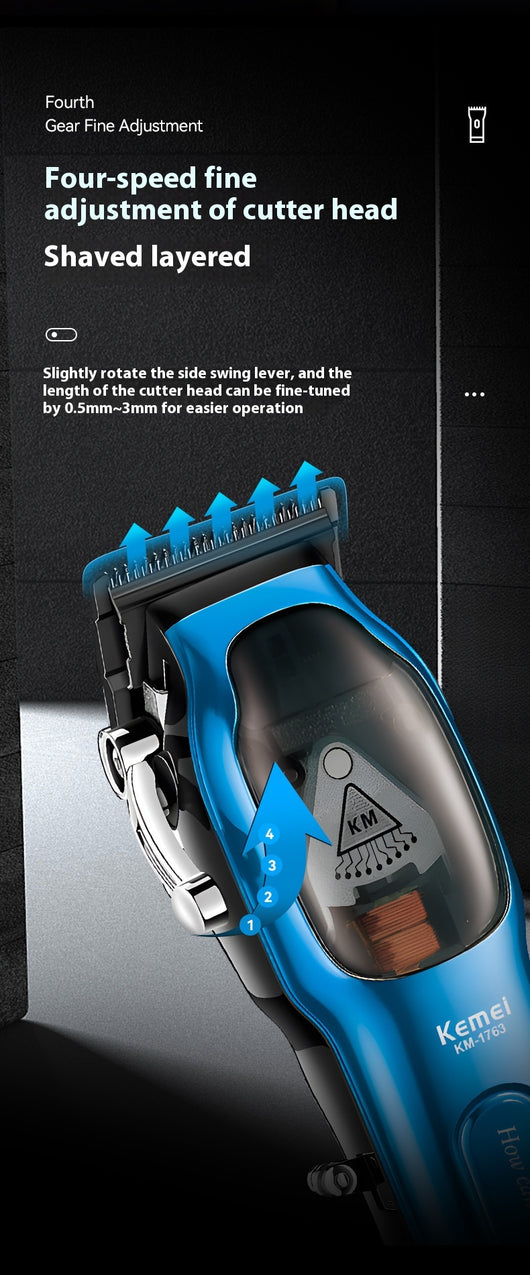Blue electric hair clipper set with charging base, USB cable, cleaning brush, oil, and six guide combs. - Image 13