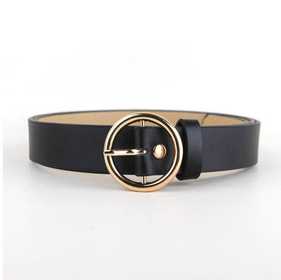 Black faux-leather women's belt with a shiny gold-tone round pin buckle, displayed on a white background. - Image 15