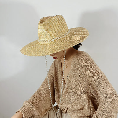 Sombrero de Paja Jazz con Cadena de Perlas y Ala Ancha para Playa - Image 6