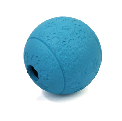 Red TPR dog leaking food ball with paw print patterns and a treat dispensing hole. - Image 5