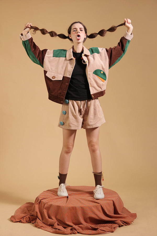 Chaqueta Corduroy Retro Japonesa con Cuello Muñeca y Costuras Contrastadas