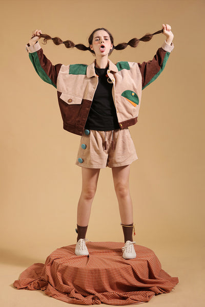 Chaqueta Corduroy Retro Japonesa con Cuello Muñeca y Costuras Contrastadas