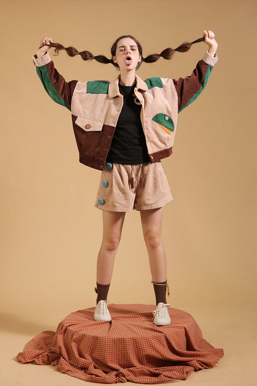 Chaqueta Corduroy Retro Japonesa con Cuello Muñeca y Costuras Contrastadas