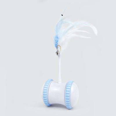 Purple and white interactive cat toy ball with a black wand and fluffy purple feathers. - Image 7