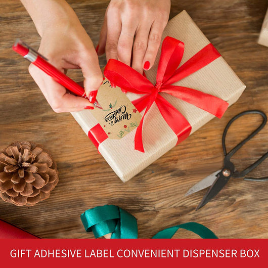 Kraft paper Christmas holiday gift sticker roll with various designs including reindeer, Christmas trees, and Merry Christmas text.