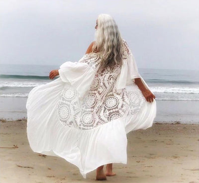 Túnica Playera Tejida en Crochet Blanco - Pareo Largo Elegante para Playa - Image 10