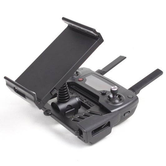 Black phone and tablet holder attached to a DJI Mavic Pro drone remote control, designed for 4-12 inch devices.