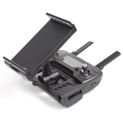 Black phone and tablet holder attached to a DJI Mavic Pro drone remote control, designed for 4-12 inch devices.