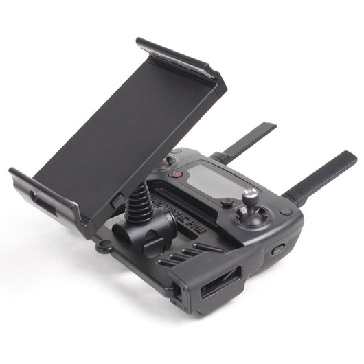 Black phone and tablet holder attached to a DJI Mavic Pro drone remote control, designed for 4-12 inch devices.