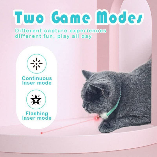 Smart USB charging laser cat collar in white and teal, with a USB cable, shown with a cat playing with the laser.