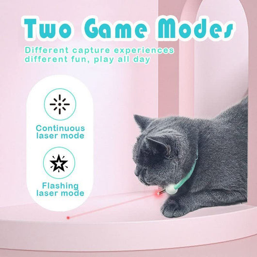 Smart USB charging laser cat collar in white and teal, with a USB cable, shown with a cat playing with the laser.