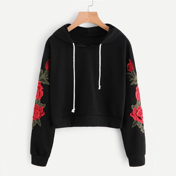 Sudadera Negra con Aplique de Rosa Bordada - Hoodie Casual Otoño para Mujer