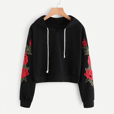 Sudadera Negra con Aplique de Rosa Bordada - Hoodie Casual Otoño para Mujer