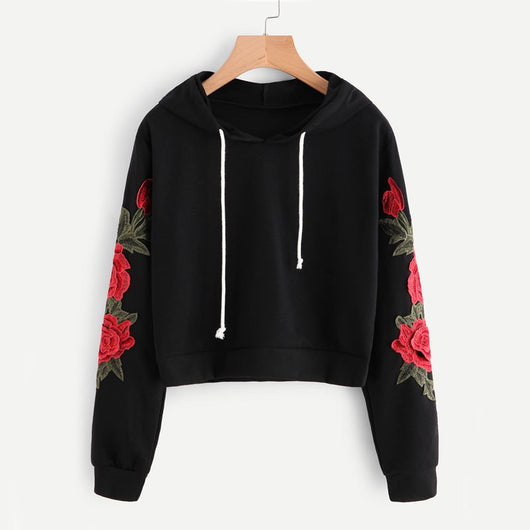 Sudadera Negra con Aplique de Rosa Bordada - Hoodie Casual Otoño para Mujer