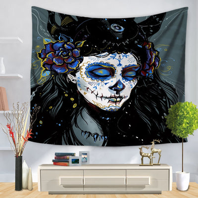 Purple and black tapestry featuring a stylized skull design with glowing orange eyes and intricate patterns, hung on a wall. - Image 9