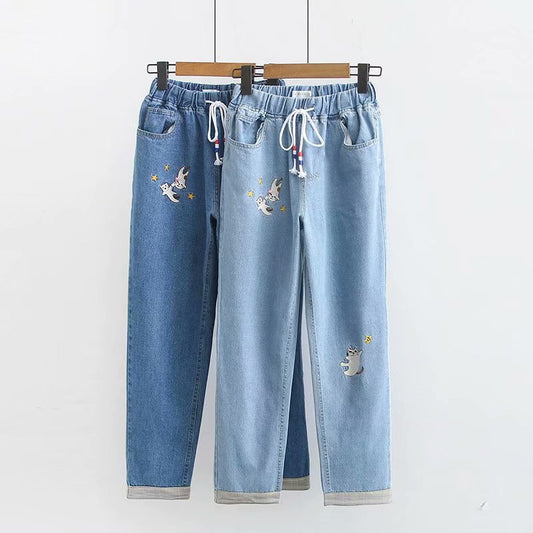 Pantalones de Mezclilla con Cintura Elástica, Cordones y Bordado de Estrella