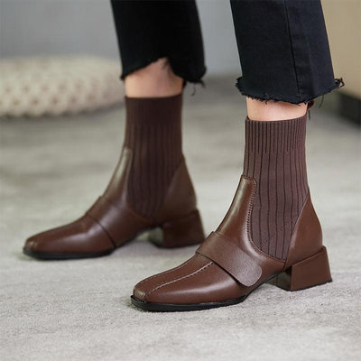 Zapatos de Cuero Suave con Tacón Medio y Punta Cuadrada - Marrón - Image 2