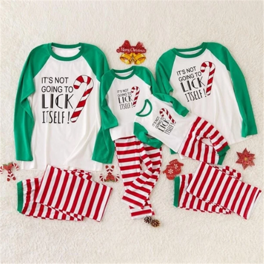 White, red, and green baby romper with "IT'S NOT GOING TO LICK ITSELF!" text and a candy cane graphic.