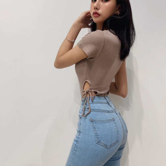 Blusa Elegante Cuello Redondo y Cintura Alta con Amarre