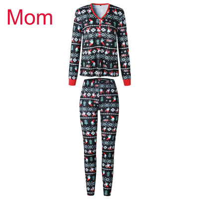 Dad's black long-sleeve pajama set with festive gnome and snowflake fair isle pattern, red trim. - Image 7