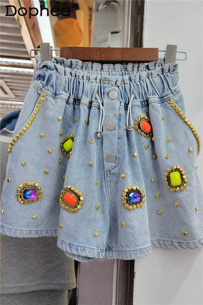 Shorts de Mezclilla Cintura Alta con Detalles de Diamantes para Mujer - Image 3