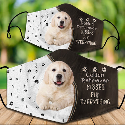 Two cotton face masks with a Bichon Frise dog, paw prints, and bones on a white and brown background. Text reads "Bichon Frise KISSES FIX EVERYTHING." - Image 37