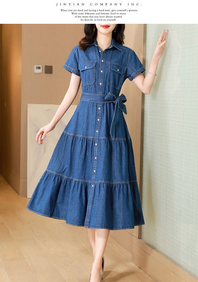 Vestido Camisero de Algodón con Falda Larga y Detalle Denim - Image 16