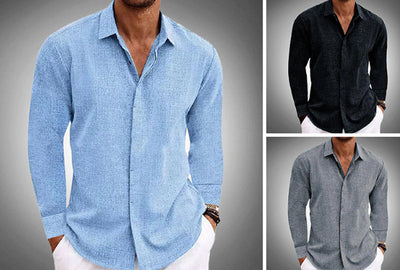 Camiseta Manga Larga Hombre Algodón Lino Cuello Redondo Básica - Image 10