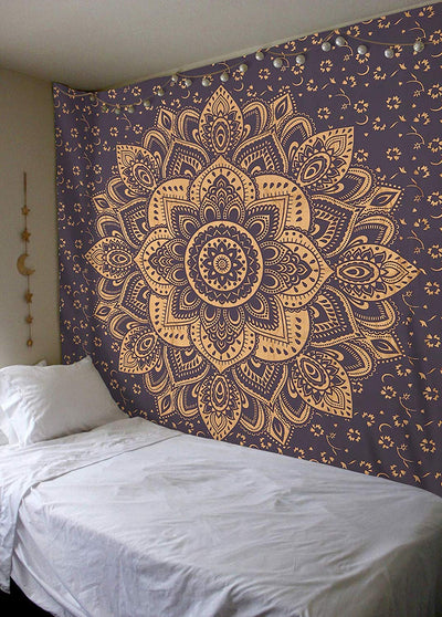 Navy blue tapestry with a large gold mandala pattern and smaller gold floral designs, made of polyester. - Image 19
