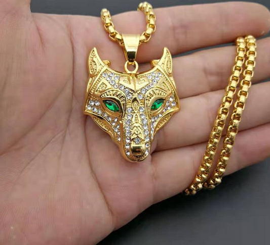 Collar Vikingo para Hombre con Dije de Cabeza de Lobo en Acero Inoxidable Dorado