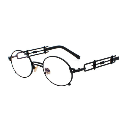 Black individual steampunk sunglasses with round clear lenses and unique metal frames on a white background. - Image 15