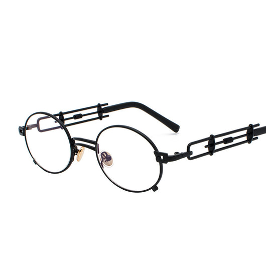 Black individual steampunk sunglasses with round clear lenses and unique metal frames on a white background. - Image 15